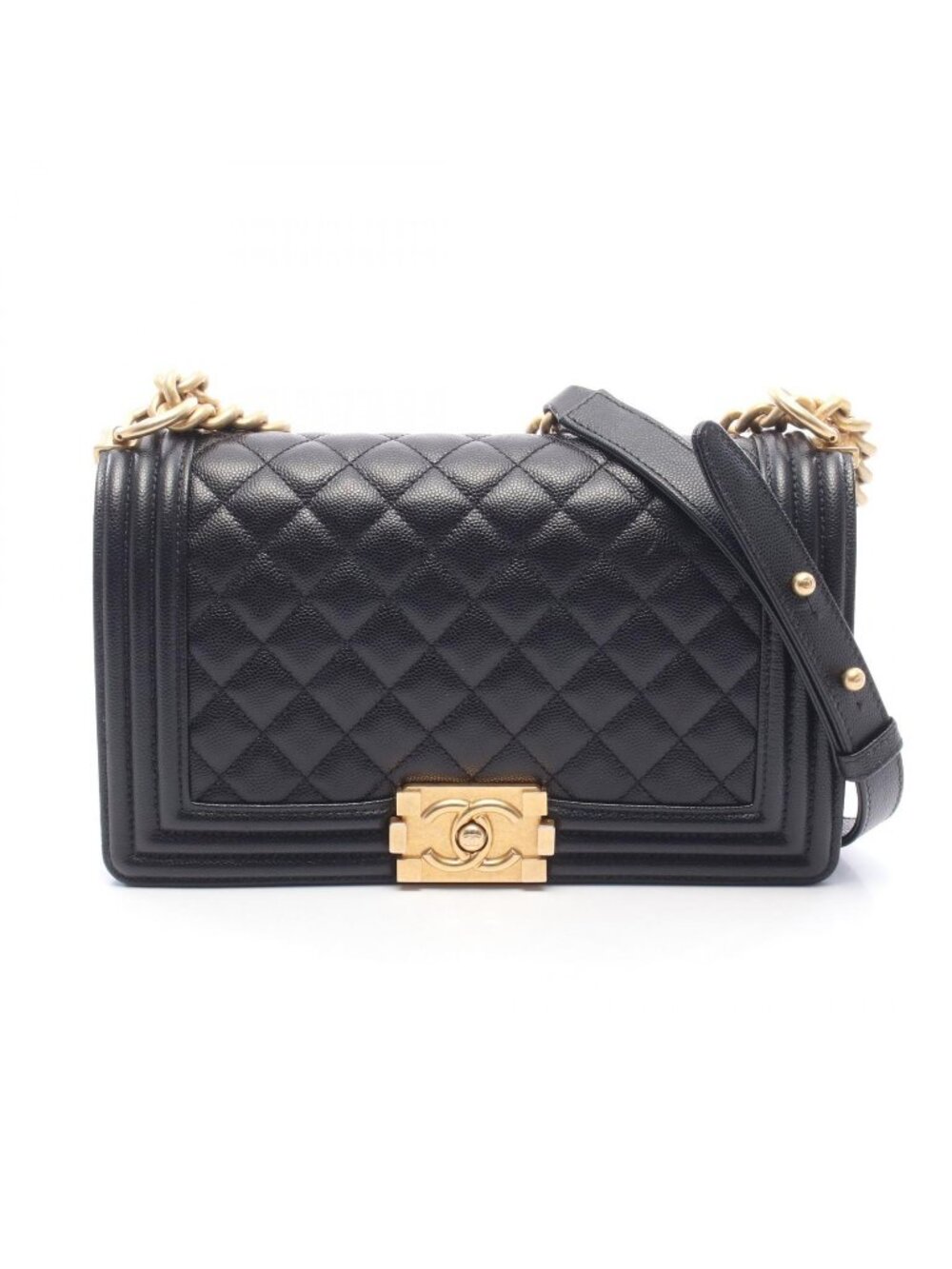 Chanel Shoulder Bag Boy Black Caviar Leather Chain